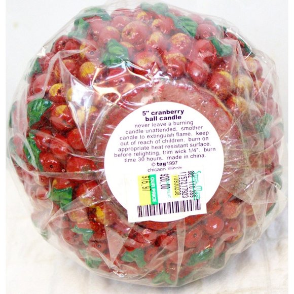 NWT VINTAGE 1997 5" CRANBERRY BALL HOLIDAY CANDLE RED & GREEN CHRISTMAS - Picture 8 of 9